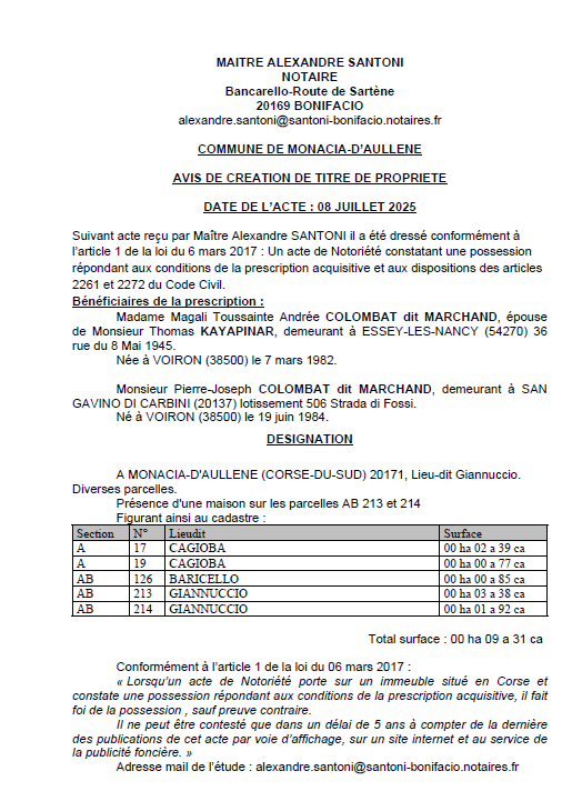 Avis de création de titre de propriété - Commune d'A Munacia d'Auddè (Pumonti)