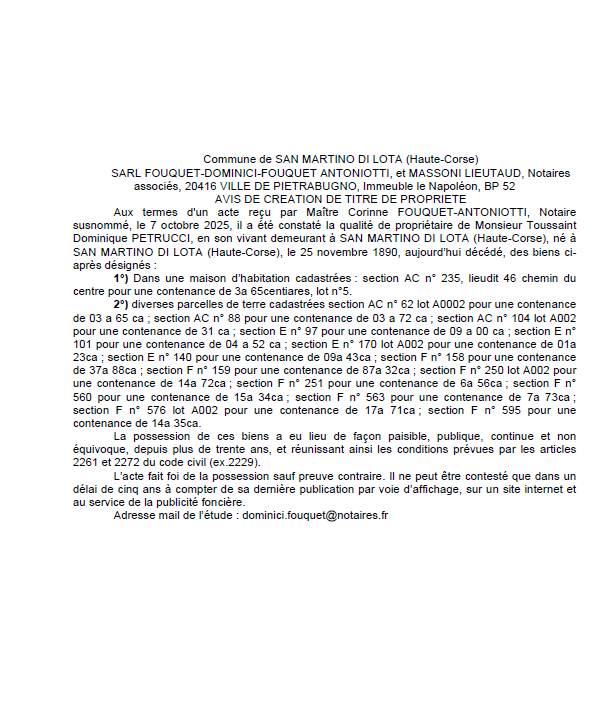 Avis de création de titre de propriété - Commune de San Martinu di Lota (Cismonte) Avis de création de titre de propriété - Commune de San Martinu di Lota (Cismonte)