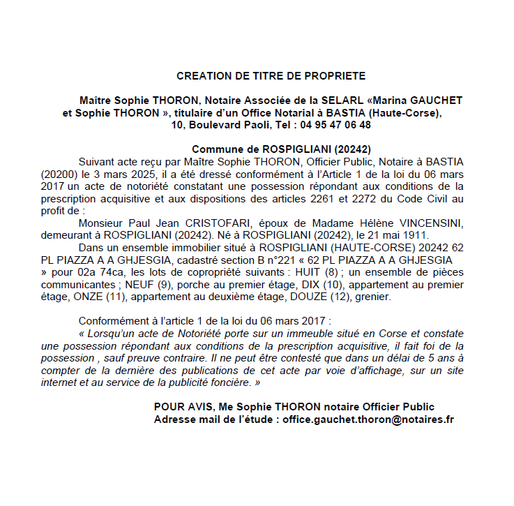 Avis de création de titre de propriété - Commune de Ruspigliani (Cismonte)