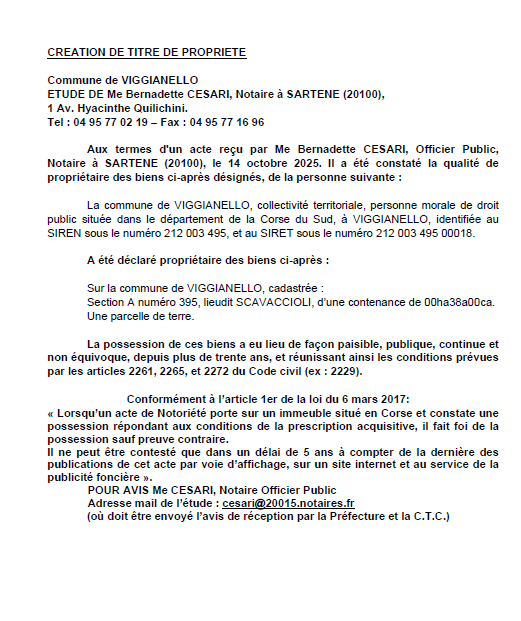 Avis de création de titre de propriété - Commune de  Vighjaneddu (Pumonti)