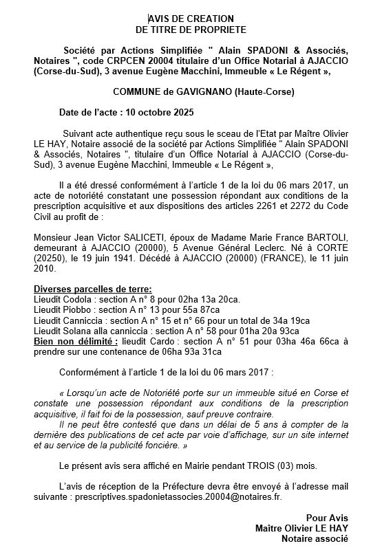 Avis de création de titre de propriété - Commune de Gavignanu (Cismonte)