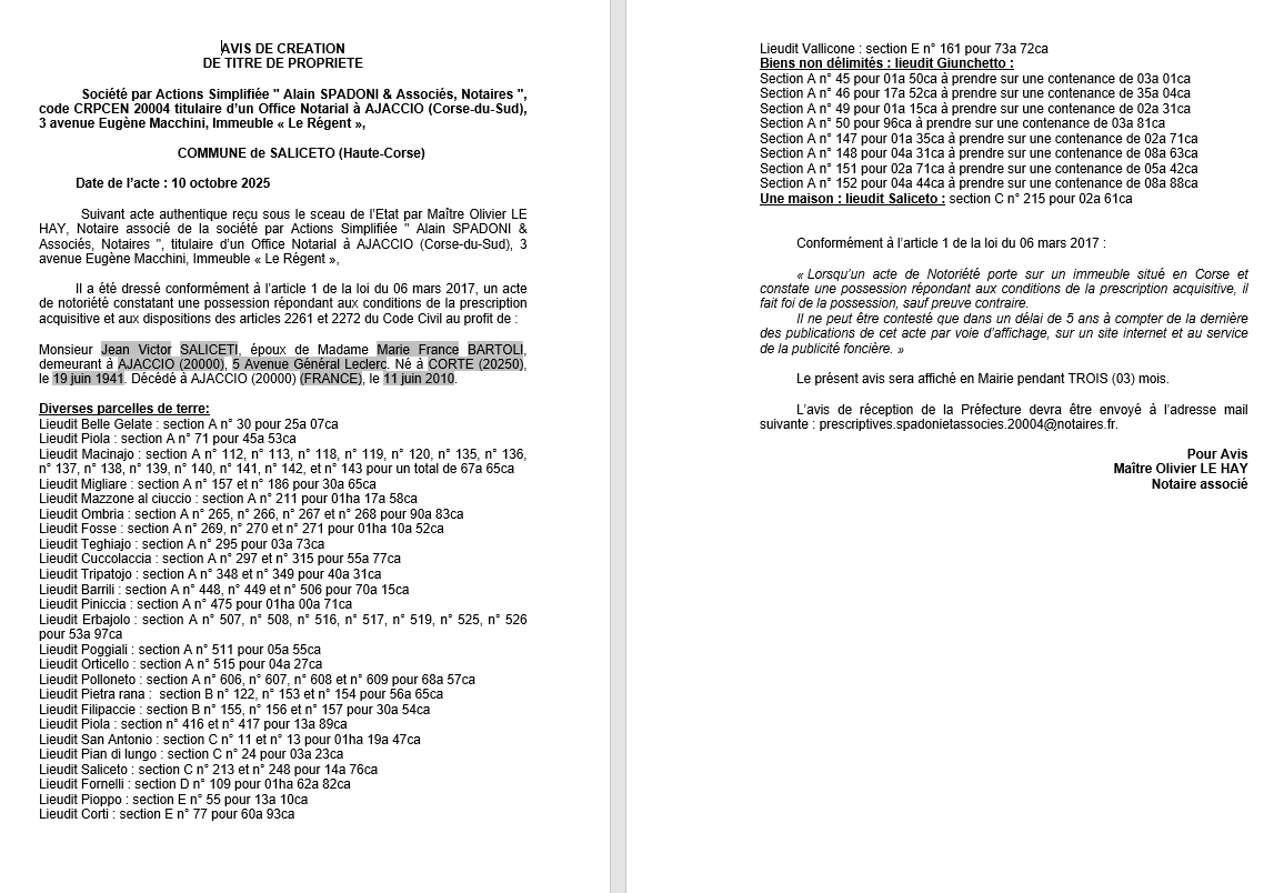 Avis de création de titre de propriété - Commune d'U Salgetu (Cismonte)