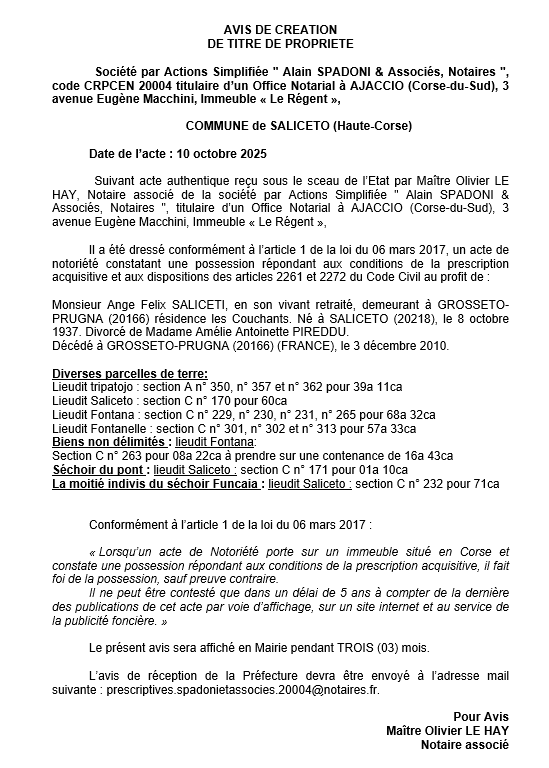 Avis de création de titre de propriété - Commune d'U Salgetu (Cismonte) Avis de création de titre de propriété - Commune d'U Salgetu (Cismonte)