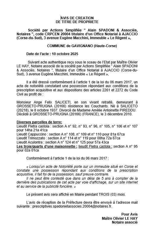 Avis de création de titre de propriété - Commune de Gavignanu (Cismonte) Avis de création de titre de propriété - Commune de Gavignanu (Cismonte)