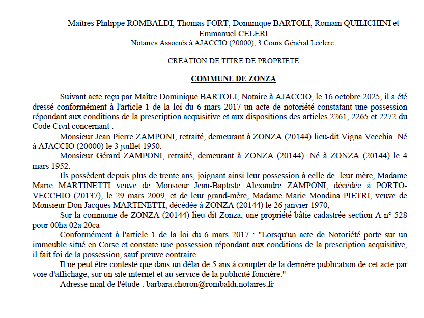 Avis de création de titre de propriété - Commune de Zonza (Pumonti) Avis de création de titre de propriété - Commune de Zonza (Pumonti)