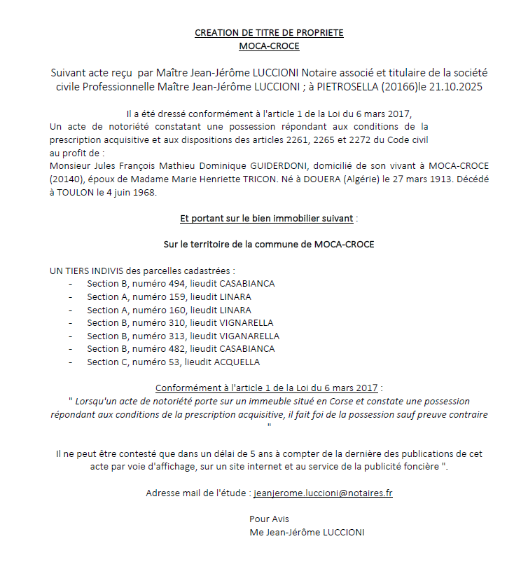 Avis de création de titre de propriété - Commune de Macà è a Croci (Pumonti)