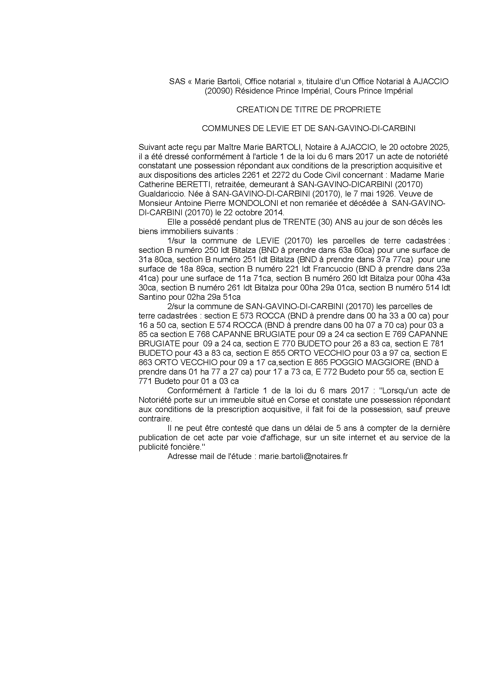 Avis de création de titre de propriété - Commune de San Gavinu di Carbini (Pumonti)