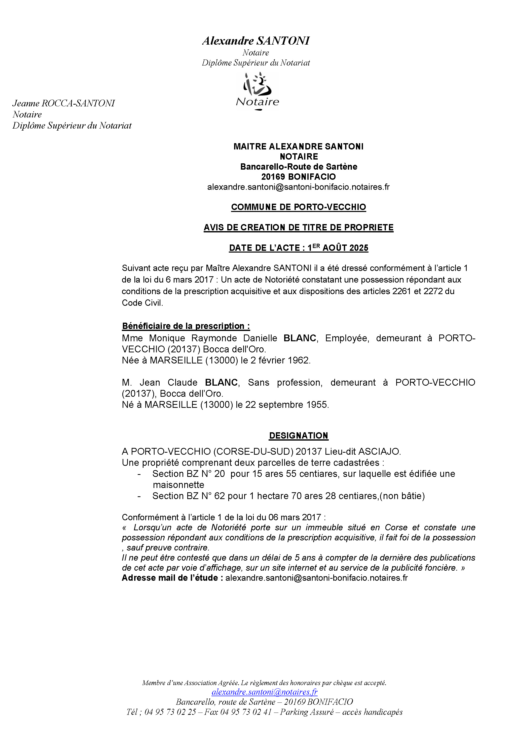 Avis de création de titre de propriété - Commune de Portivechju (Pumonti)