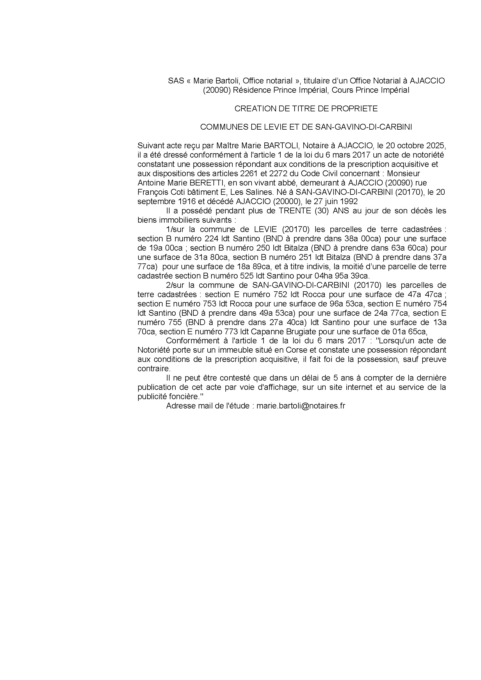 Avis de création de titre de propriété - Commune de San Gavinu di Carbini (Pumonti)