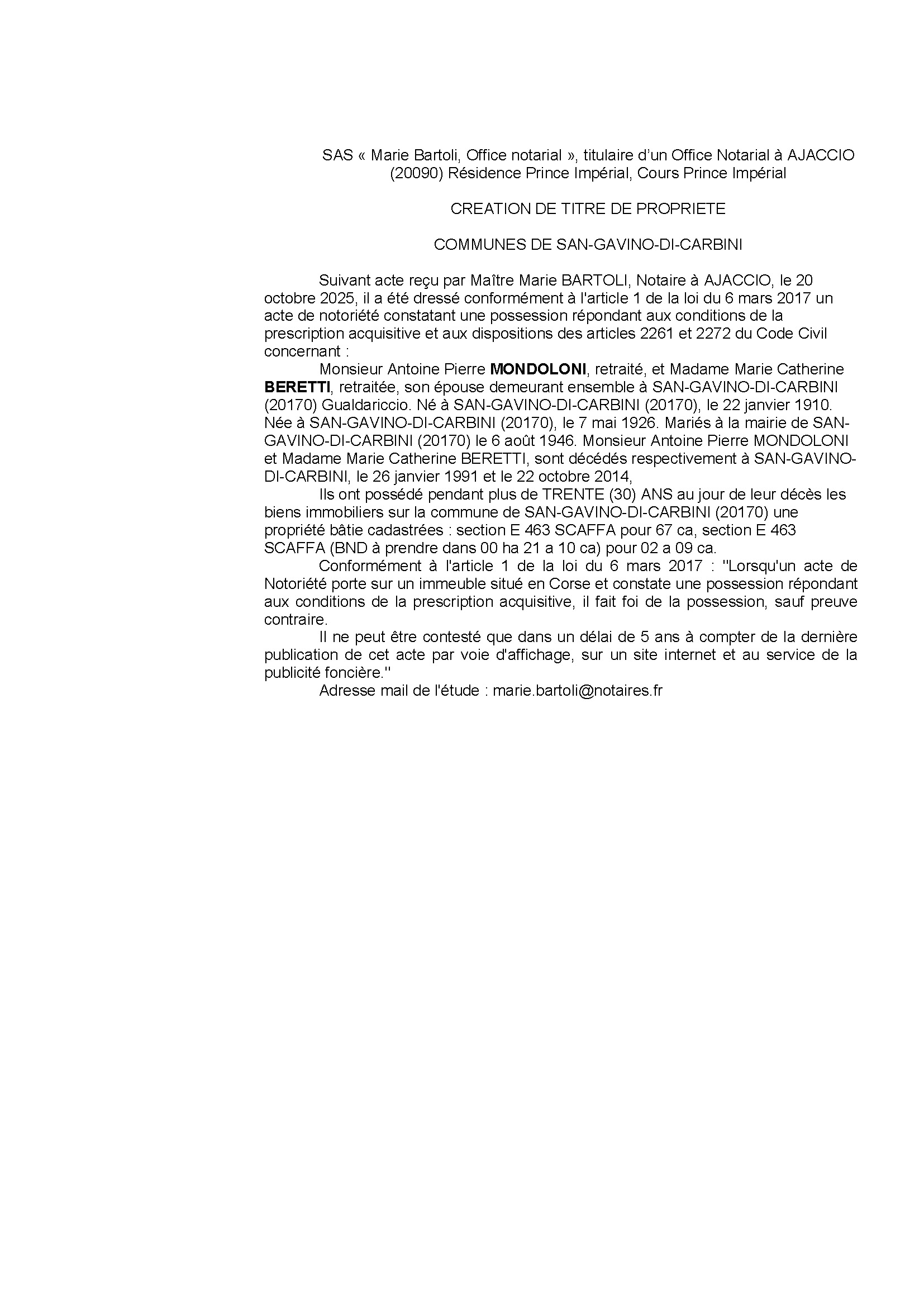 Avis de création de titre de propriété - Commune de San Gavinu di Carbini (Pumonti) Avis de création de titre de propriété - Commune de San Gavinu di Carbini (Pumonti)
