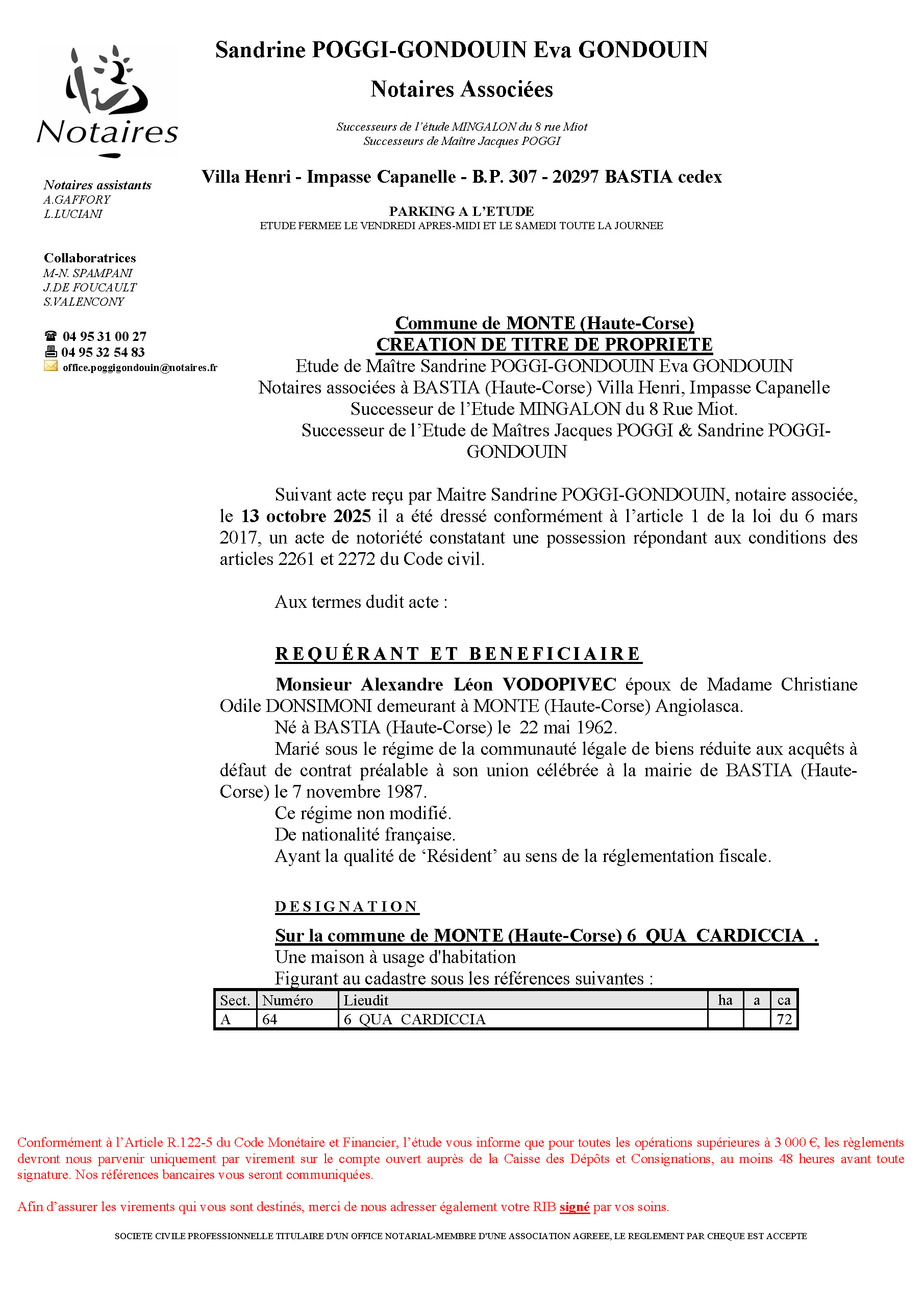 Avis de création de titre de propriété - Commune de Monte (Cismonte)