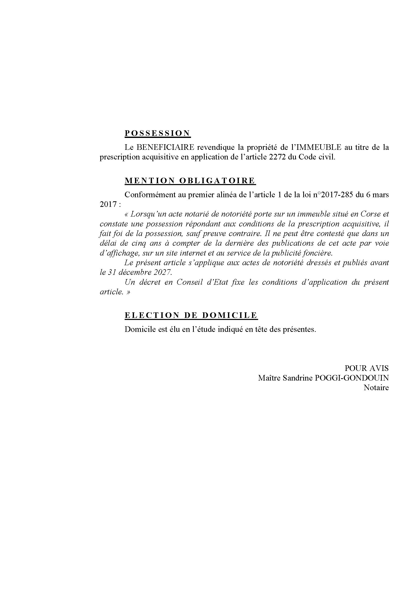 Avis de création de titre de propriété - Commune de Monte (Cismonte)