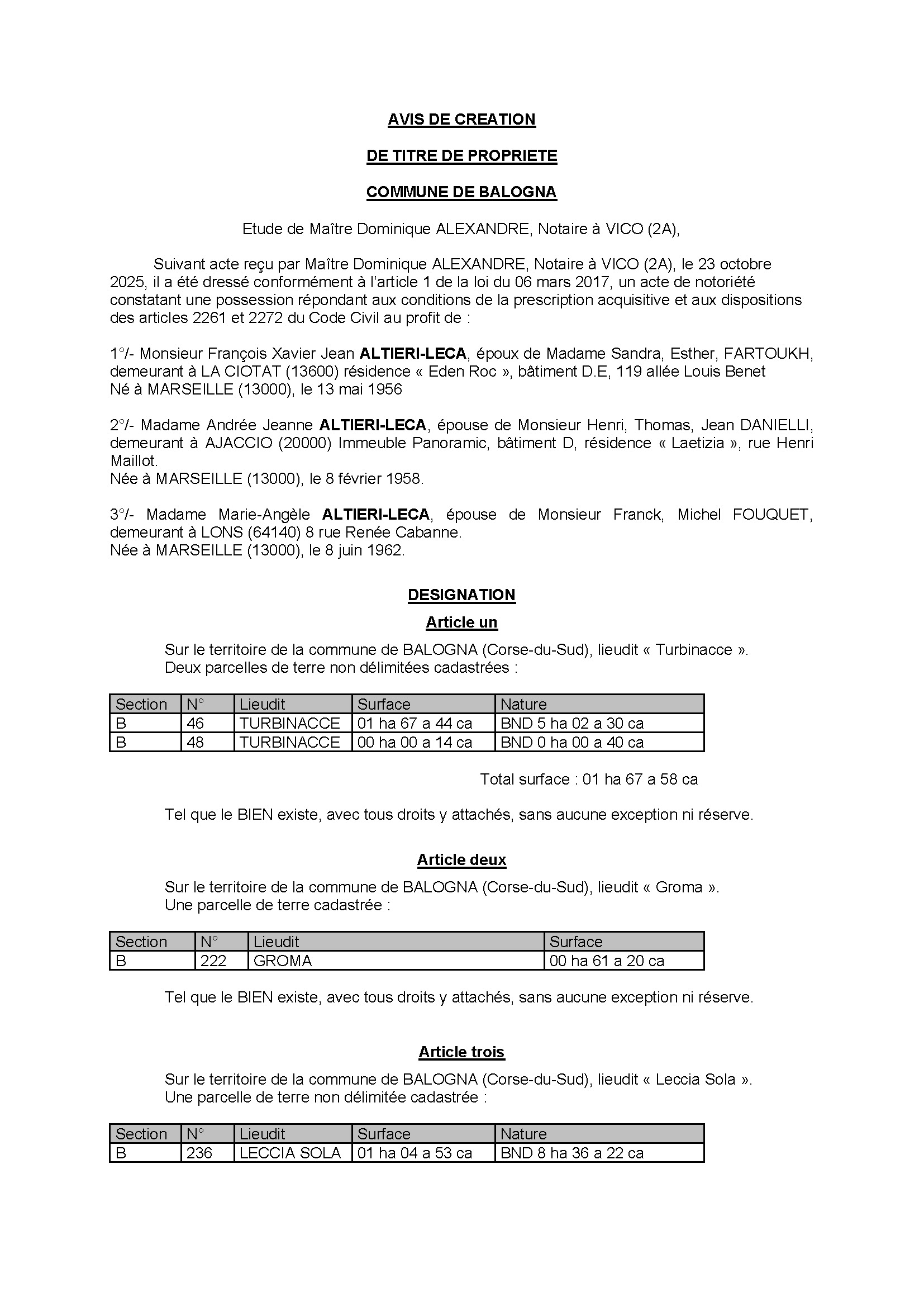 Avis de création de titre de propriété - Commune de Balogna (Pumonti)
