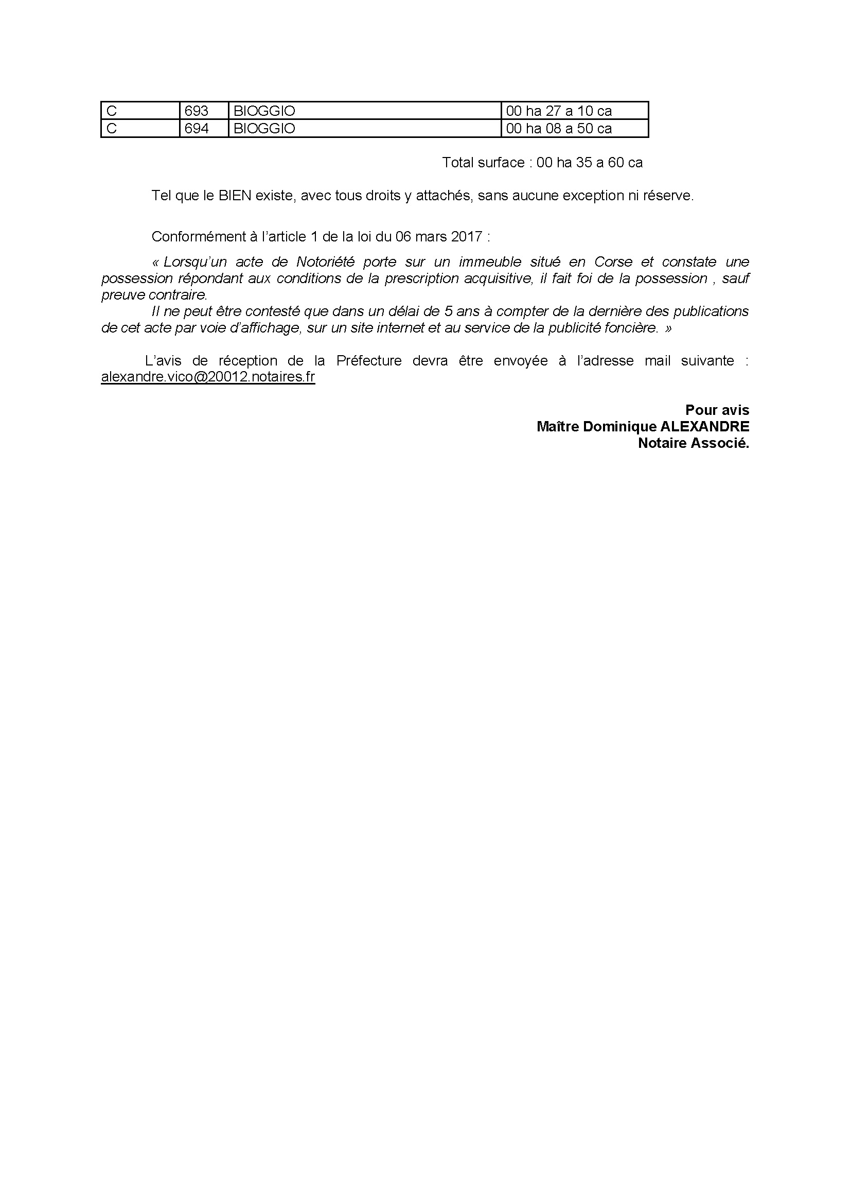 Avis de création de titre de propriété - Commune de Balogna (Pumonti) Avis de création de titre de propriété - Commune de Balogna (Pumonti)