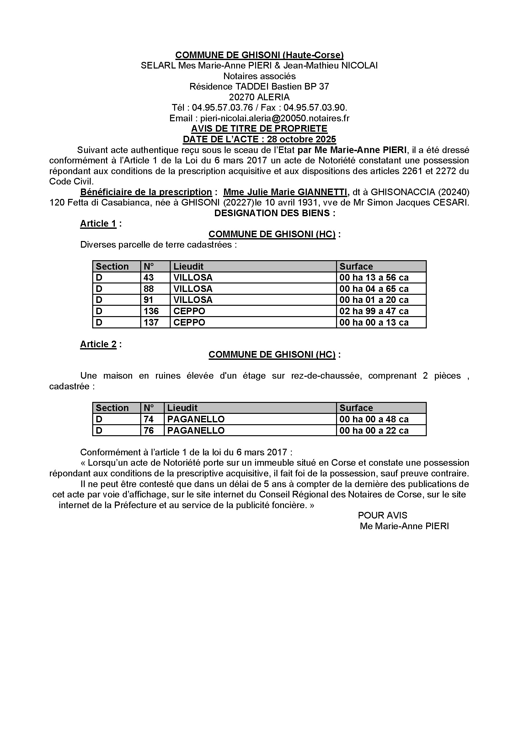 Avis de création de titre de propriété - Commune de Ghisoni (Cismonte) Avis de création de titre de propriété - Commune de Ghisoni (Cismonte)