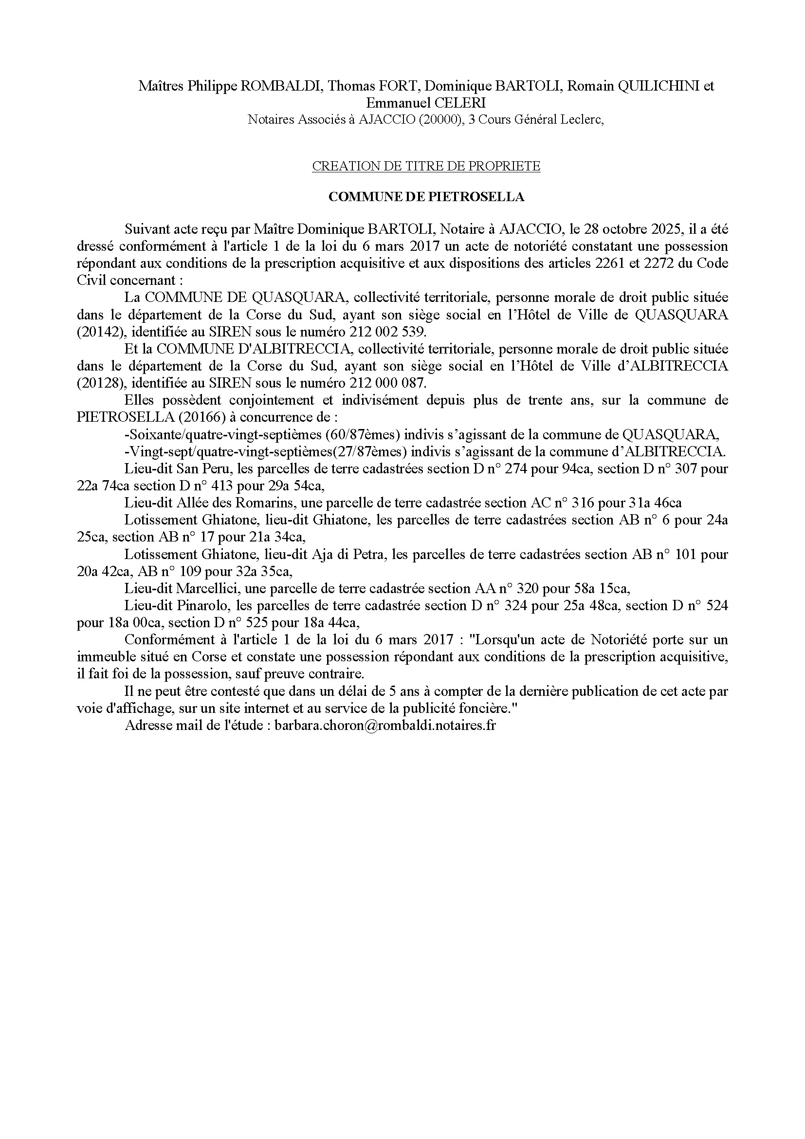 Avis de création de titre de propriété - Commune de Pitrusedda (Pumonti) Avis de création de titre de propriété - Commune de Pitrusedda (Pumonti)
