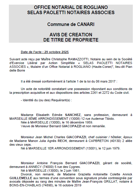 Avis de création de titre de propriété - Commune de Canari (Cismonte)
