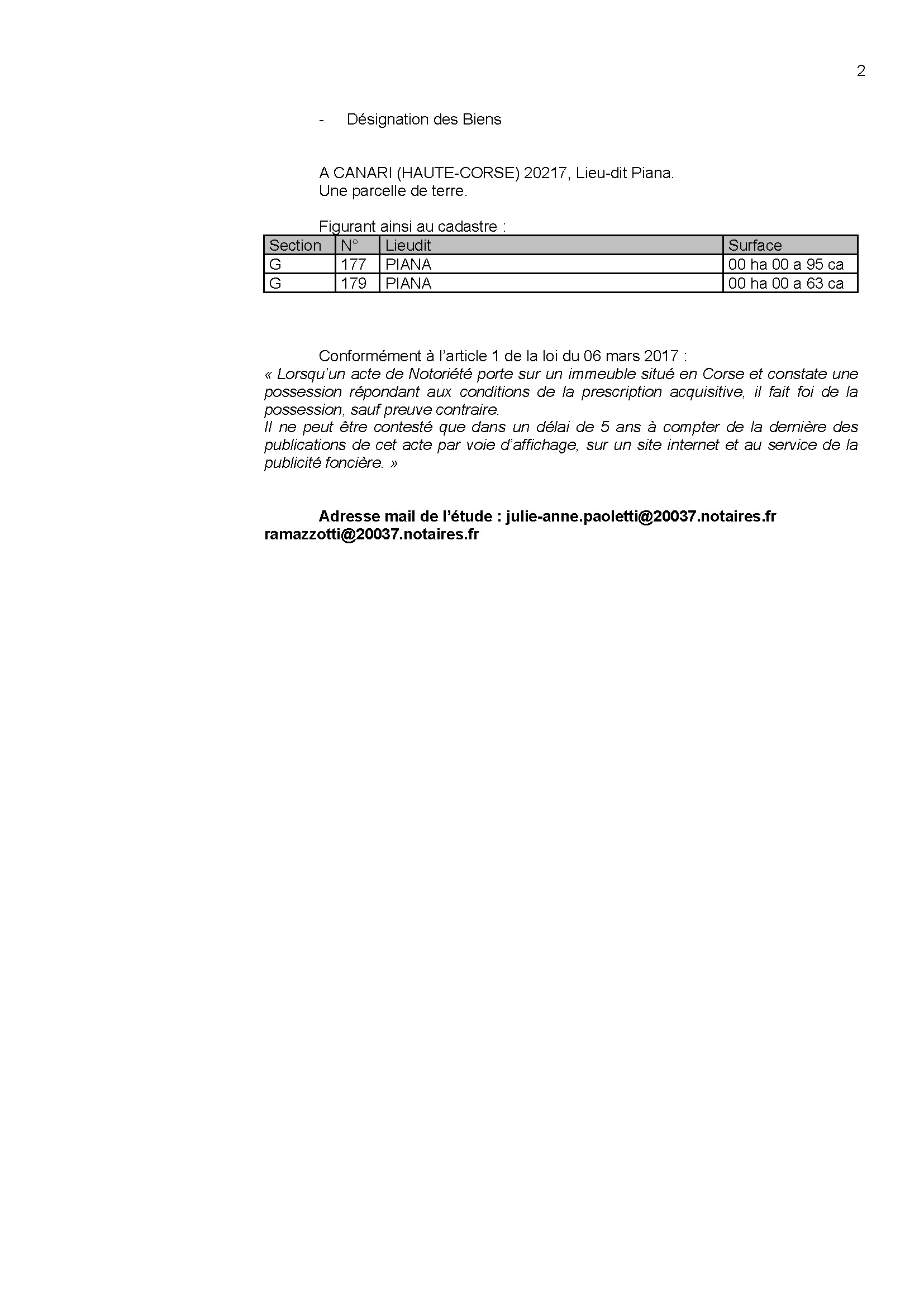 Avis de création de titre de propriété - Commune de Canari (Cismonte)