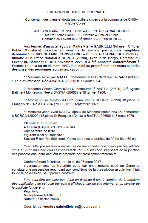 Avis de création de titre de propriété - Commune de Chisà (Pumonti)