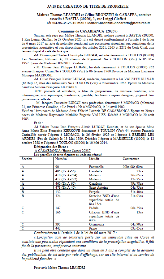 Avis de création de titre de propriété - Commune d'A Casabianca (Cismonte)