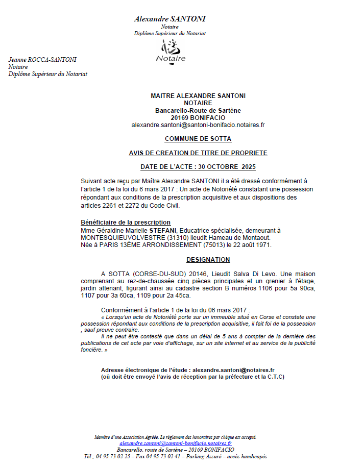 Avis de création de titre de propriété - Commune de Sotta (Pumonti)