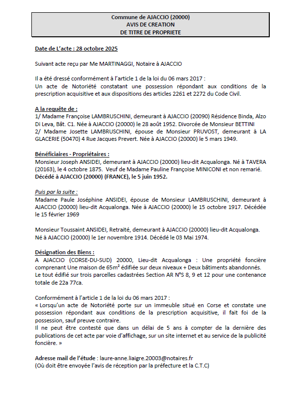Avis de création de titre de propriété - Commune d'Aiacciu (Pumonti)