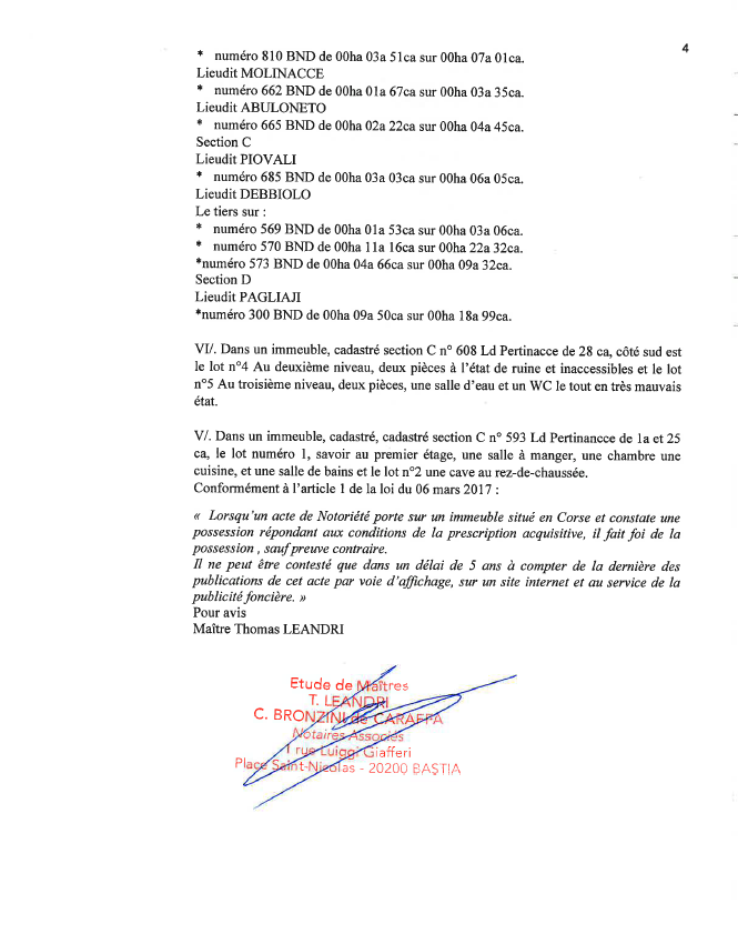 Avis de création de titre de propriété - Commune d'Ortiporiu (Cismonte)