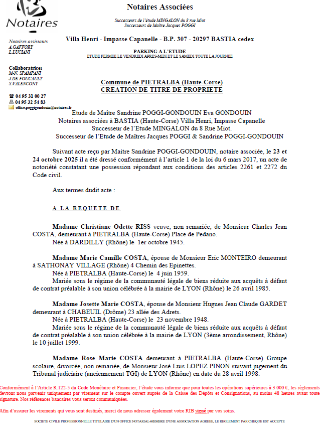 Avis de création de titre de propriété - Commune de Petralba (Cismonte)