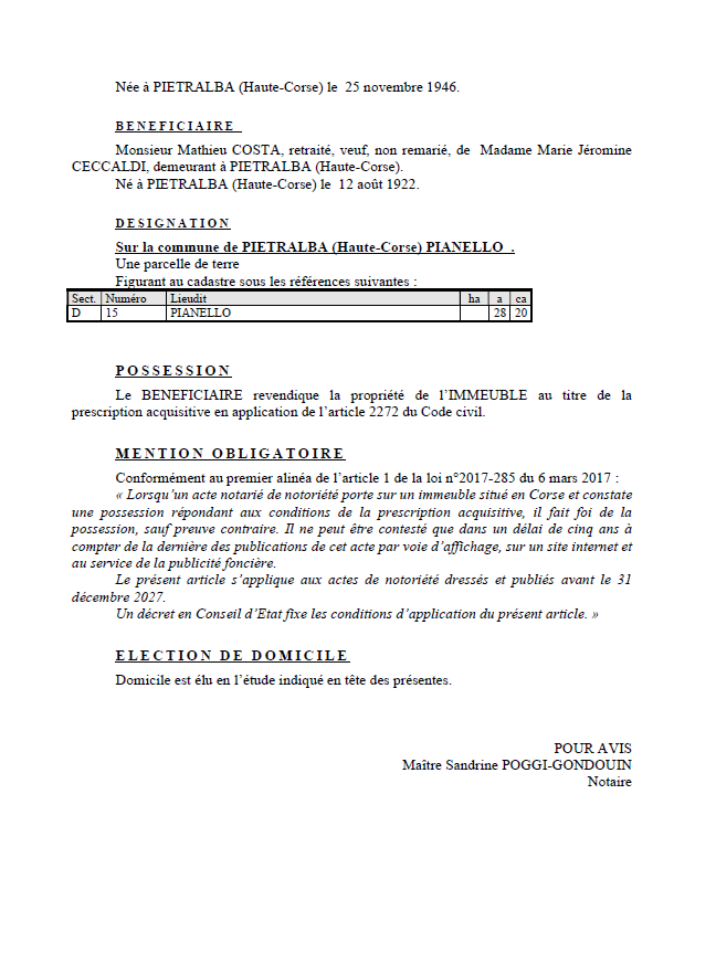 Avis de création de titre de propriété - Commune de Petralba (Cismonte)