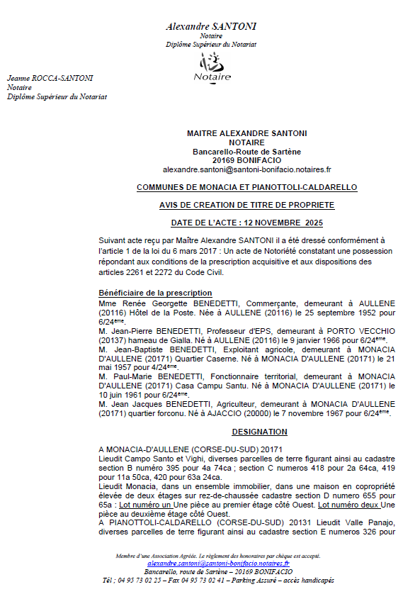 Avis de création de titre de propriété - Commune d'A Munacia d'Auddè et Pianottuli è Caldareddu (Pumonti)