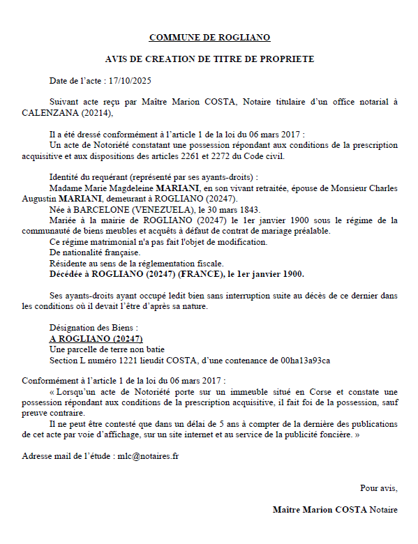 Avis de création de titre de propriété - Commune de Ruglianu (Cismonte)