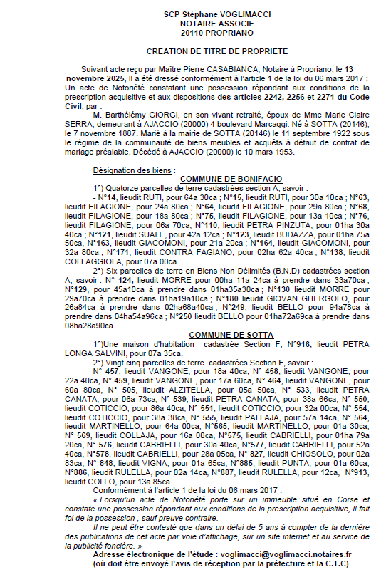 Avis de création de titre de propriété - Communes de Bonifaziu et Sotta (Pumonti)