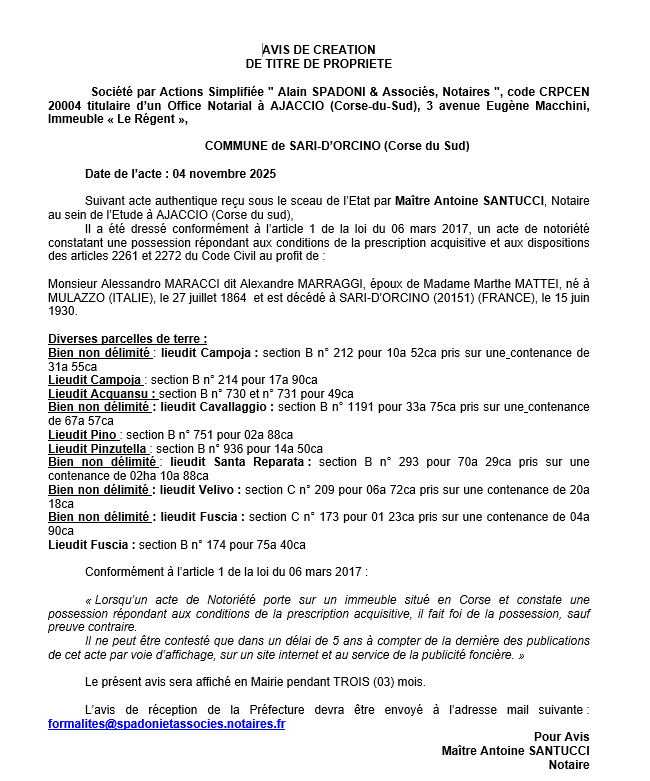 Avis de création de titre de propriété - Commune de Sari d'Urcinu (Pumonti)