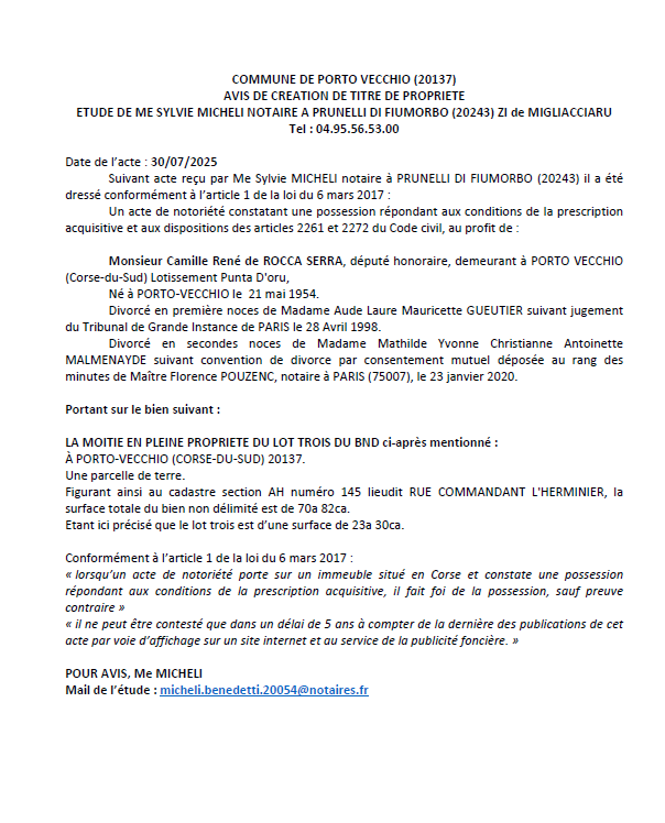Avis de création de titre de propriété - Commune de Portivechju (Pumonti)