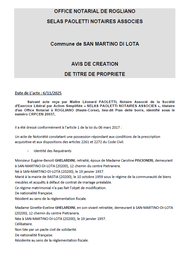 Avis de création de titre de propriété - Commune de San Martinu di Lota (Cismonte)