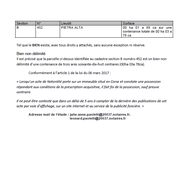 Avis de création de titre de propriété - Commune de San Martinu di Lota (Cismonte)