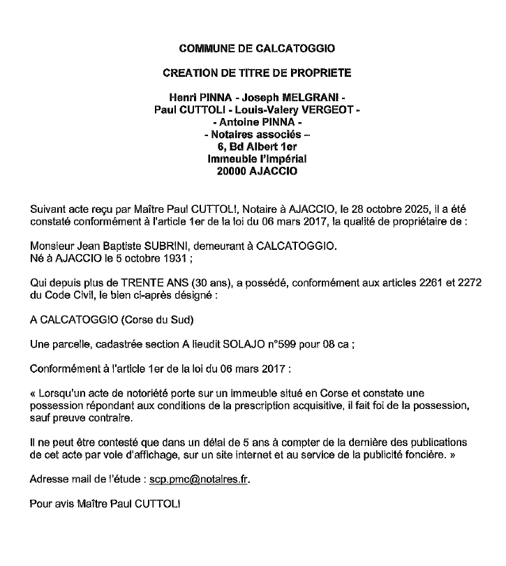 Avis de création de titre de propriété - Commune de Calcatoghju (Pumonti)