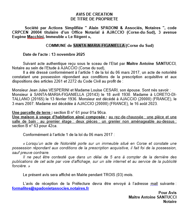 Avis de création de titre de propriété - Commune de Santa Maria Ficaniedda (Pumonti)