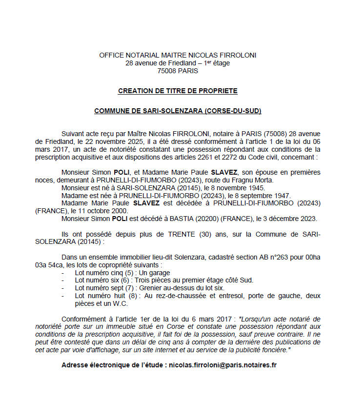 Avis de création de titre de propriété - Commune de Sari è Sulinzara (Cismonte)