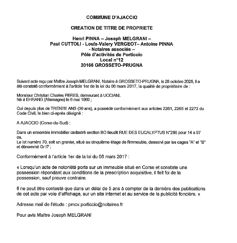 Avis de création de titre de propriété - Commune d'Aiacciu (Pumonti)