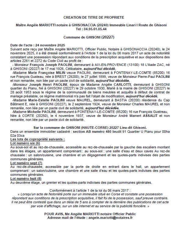 Avis de création de titre de propriété - Commune de Ghisoni (Cismonte)