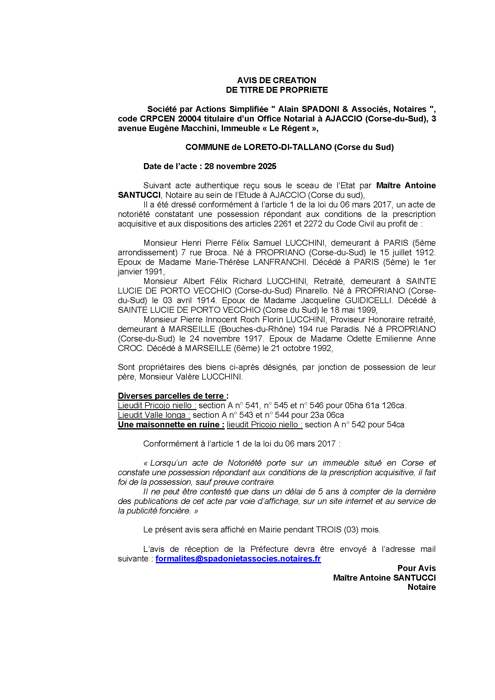 Avis de création de titre de propriété - Commune de Laretu d'Attallà (Pumonti)