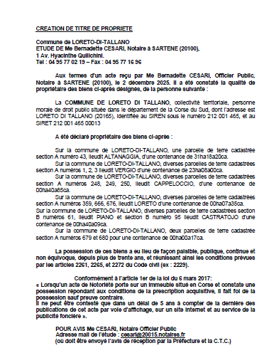 Avis de création de titre de propriété - Commune de Laretu d'Attallà (Pumonti)