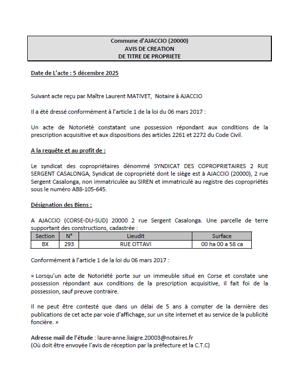 Avis de création de titre de propriété - Commune d'Aiacciu (Pumonti)