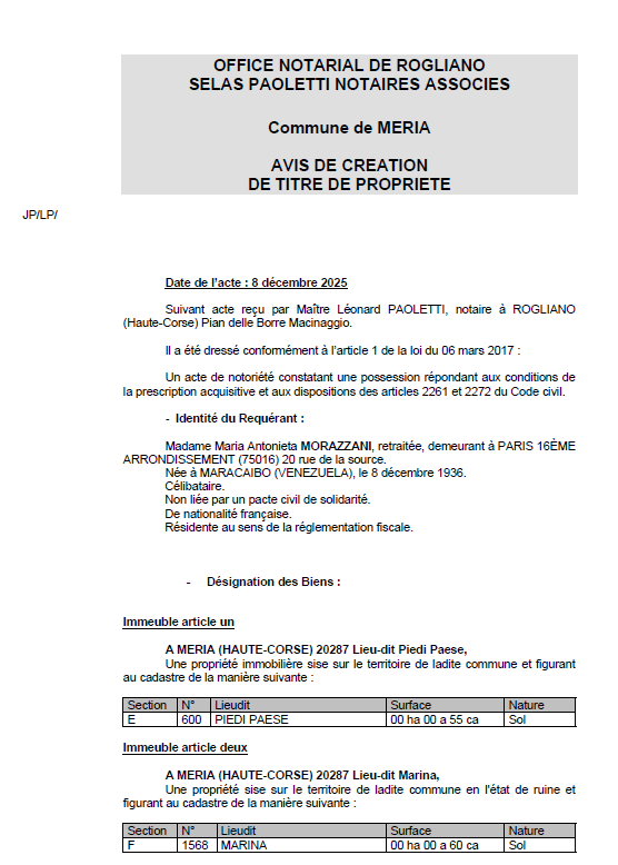 Avis de création de titre de propriété - Commune de Meria (Cismonte)