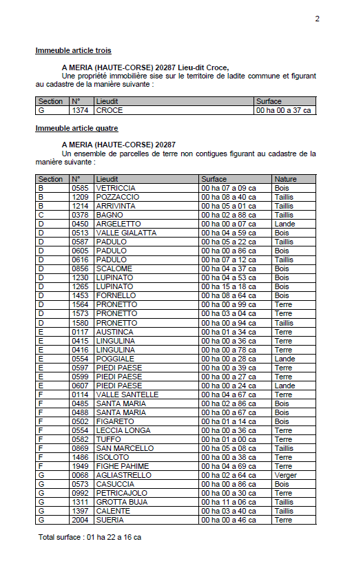 Avis de création de titre de propriété - Commune de Meria (Cismonte)