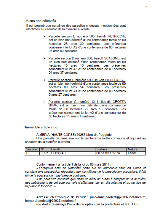 Avis de création de titre de propriété - Commune de Meria (Cismonte)