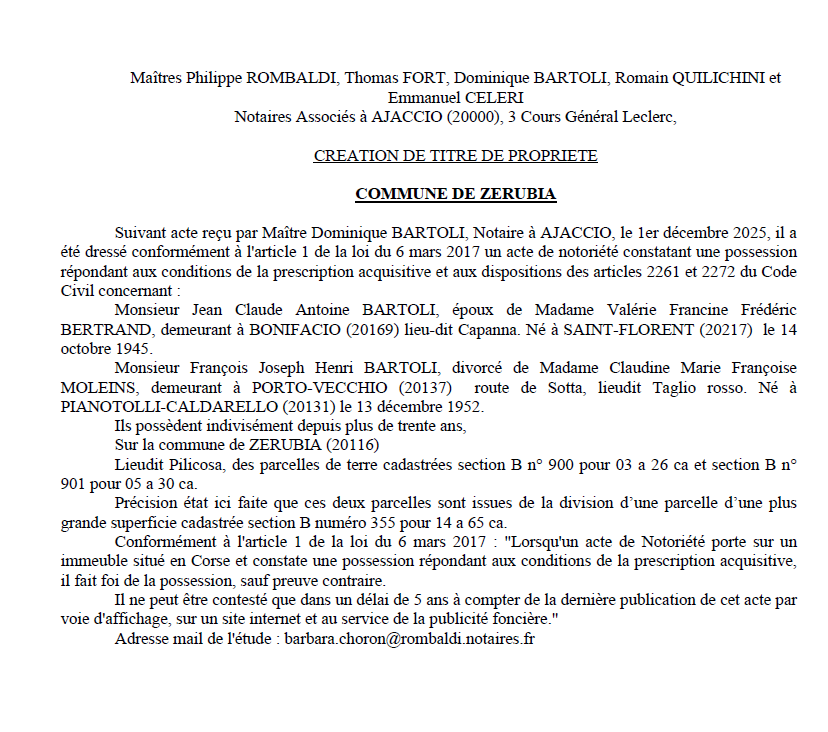 Avis de création de titre de propriété - Commune de Zirubia (Pumonti)