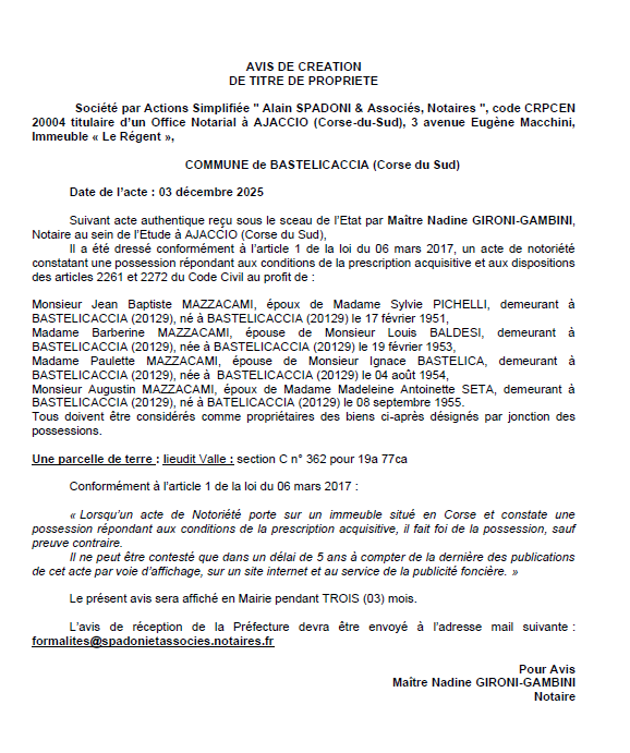 Avis de création de titre de propriété - Commune d'A Bastilicaccia (Pumonti)