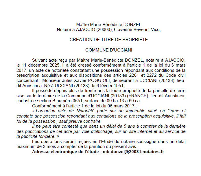 Avis de création de titre de propriété - Commune d'Aucciani (Pumonti)